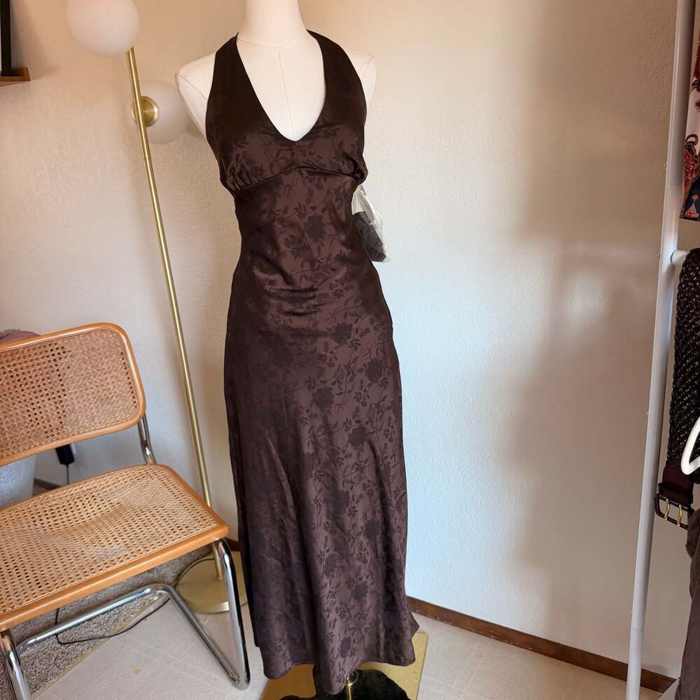 Sincerely Jules Brown Floral Jacquard Halter Midi Dress with Matching Scarf